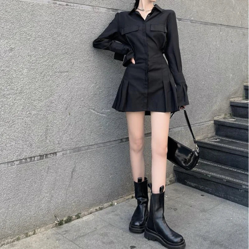 HOUZHOU Black Shirt Dress Women Elegant Vintage Long Sleeve Dresses Sexy Gothic Pleated Streetwear Turn-down Collar Casual Robe