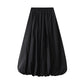 Combhasaki Women's Elegant Elastic High Waist Solid Color A-Line Pleated Puffball Hem Casual Flowy Balloon Bud Midi Skirts