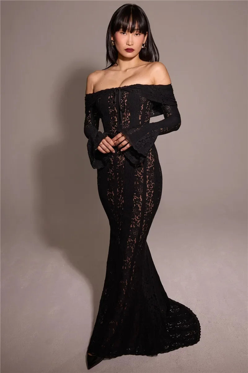 Oligai Winter Lace Long Sleeve Evening Party Dresses Women 2025 Black Sexy Elegant Maxi Dress Fashion Long Wedding Guest Dress