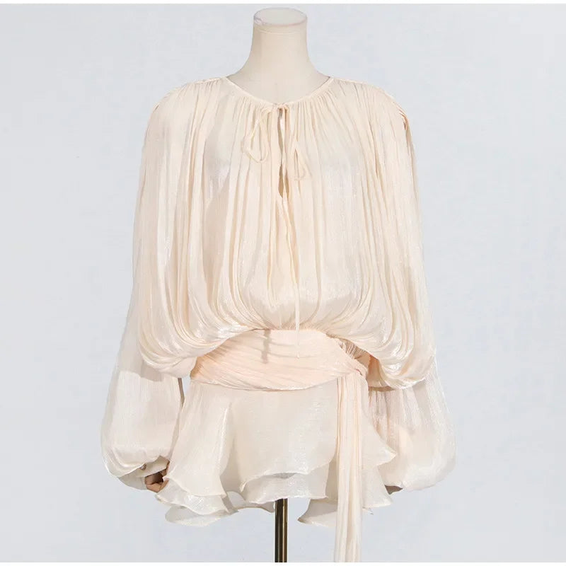 Luxury Elegant Mini Dress For Women V Collar Lace Up Blouse Dresses Long Sleeve Stacked Hem Vestido 2025 New Lady Women Clothing