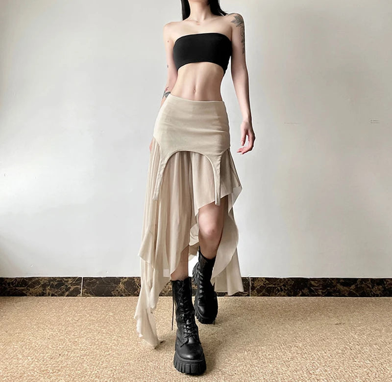 Zoki Sexy Irregular Y2K Skirts Women Vintage American High Waist Slim Slit Long Skirt Casual Lady Streetwear Retro Summer Skirts