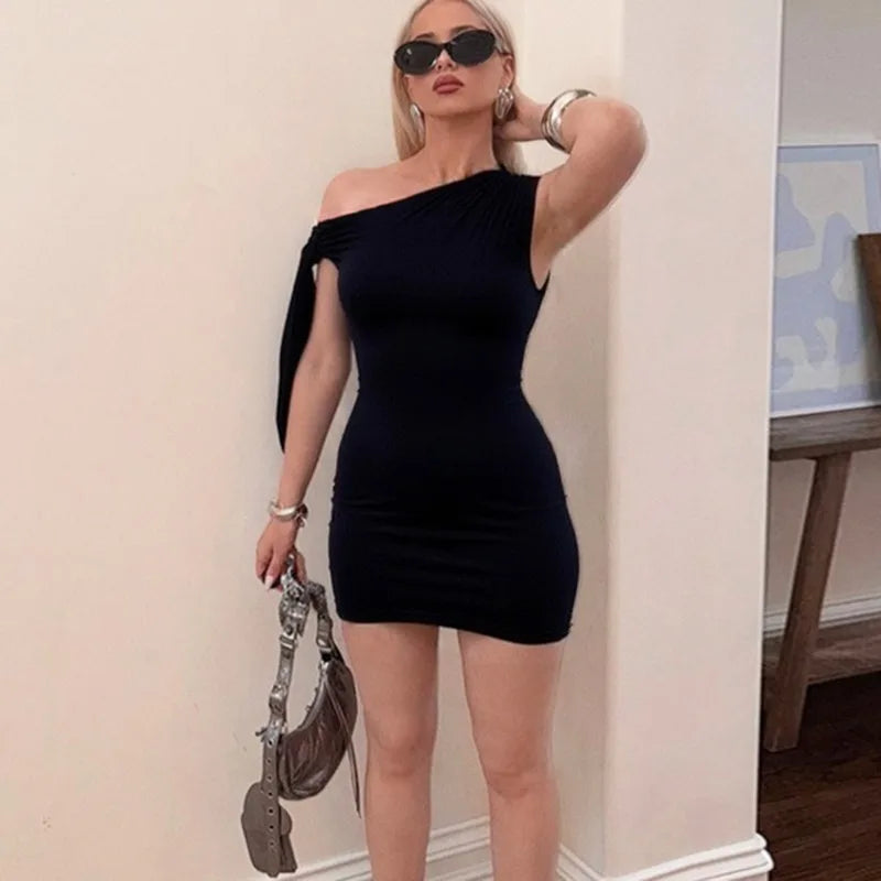 Talenza Black One Shoulder Mini Dress Fashion Hot Girls Sexy Sleeveless Patchwork Bandage Short Dresses Women New Tight Dresses