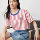 TOYOUTH Women Striped Short Sleeved T-shirt 2024 Summer New Academy Style Round Neck Top