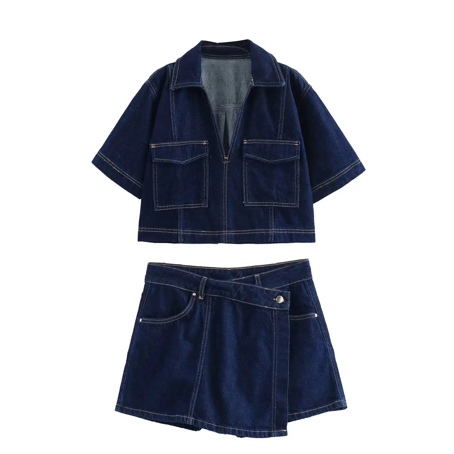 TRAFZA Summer Women Suits Denim Blue Turn-Down Collar Short Sleeves Pocket Decoration Shirts+Mid Waist Asymmetrical Shorts