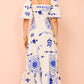 Fashion Square Collar Printed Long Dress Women Elegant Casual Short Puff Sleeved Dresses 2024 Summer Chic Female Vacation Robes