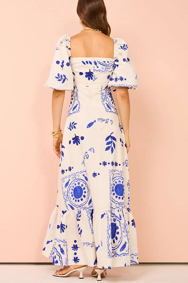 Fashion Square Collar Printed Long Dress Women Elegant Casual Short Puff Sleeved Dresses 2024 Summer Chic Female Vacation Robes