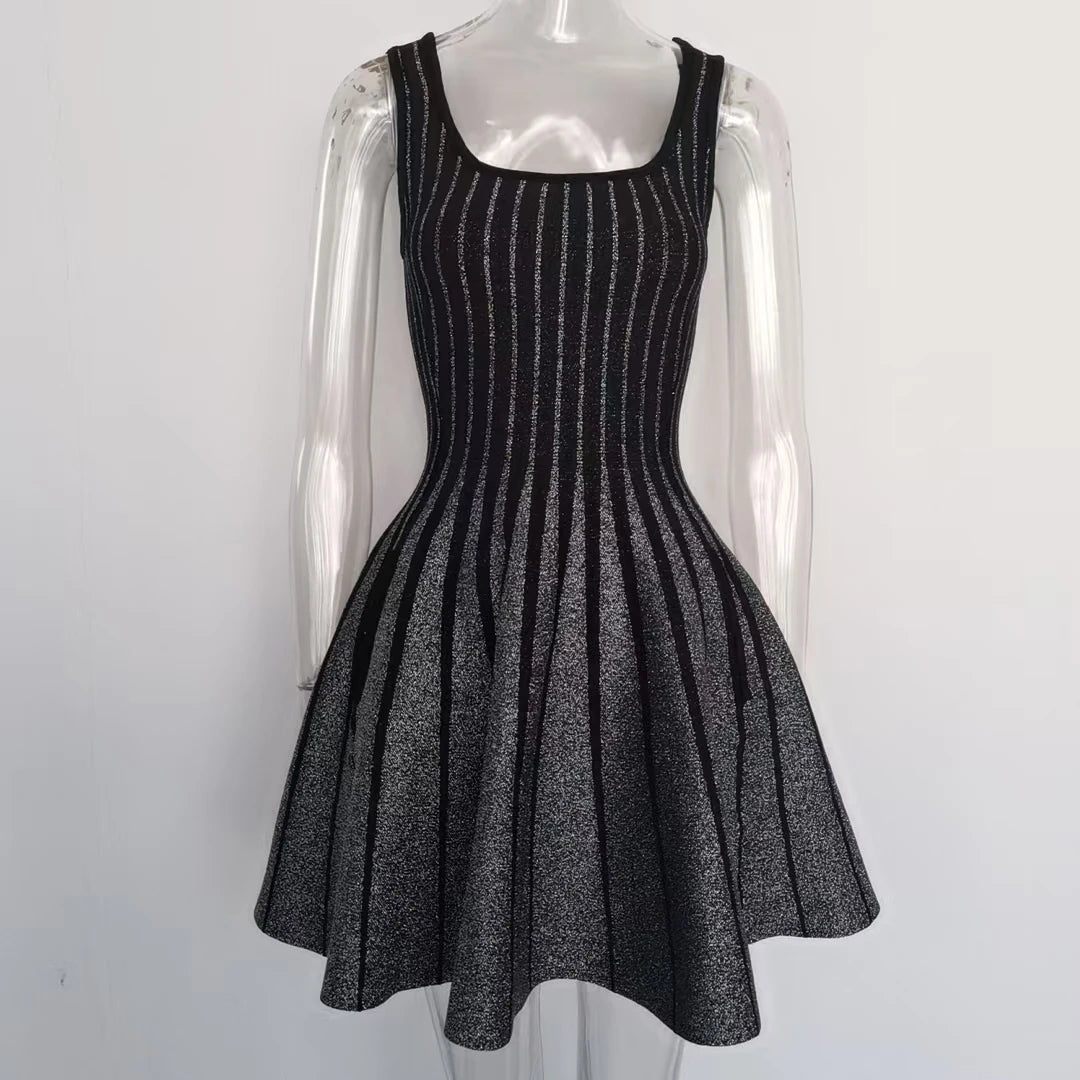 2024 Autumn Vintage Style High Quality Lady Sleeveless O-neckline Women Mini Short Knitted A-line Striped Dress