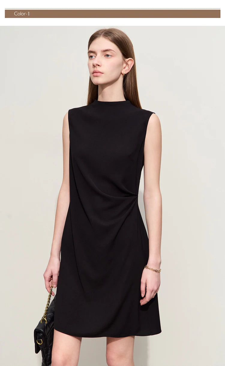 Amii Minimalism 2024 Summer New Sleeveless Small Black Dress Short Slim Half-high Neck Fashion Female Dresses for Women 12452052