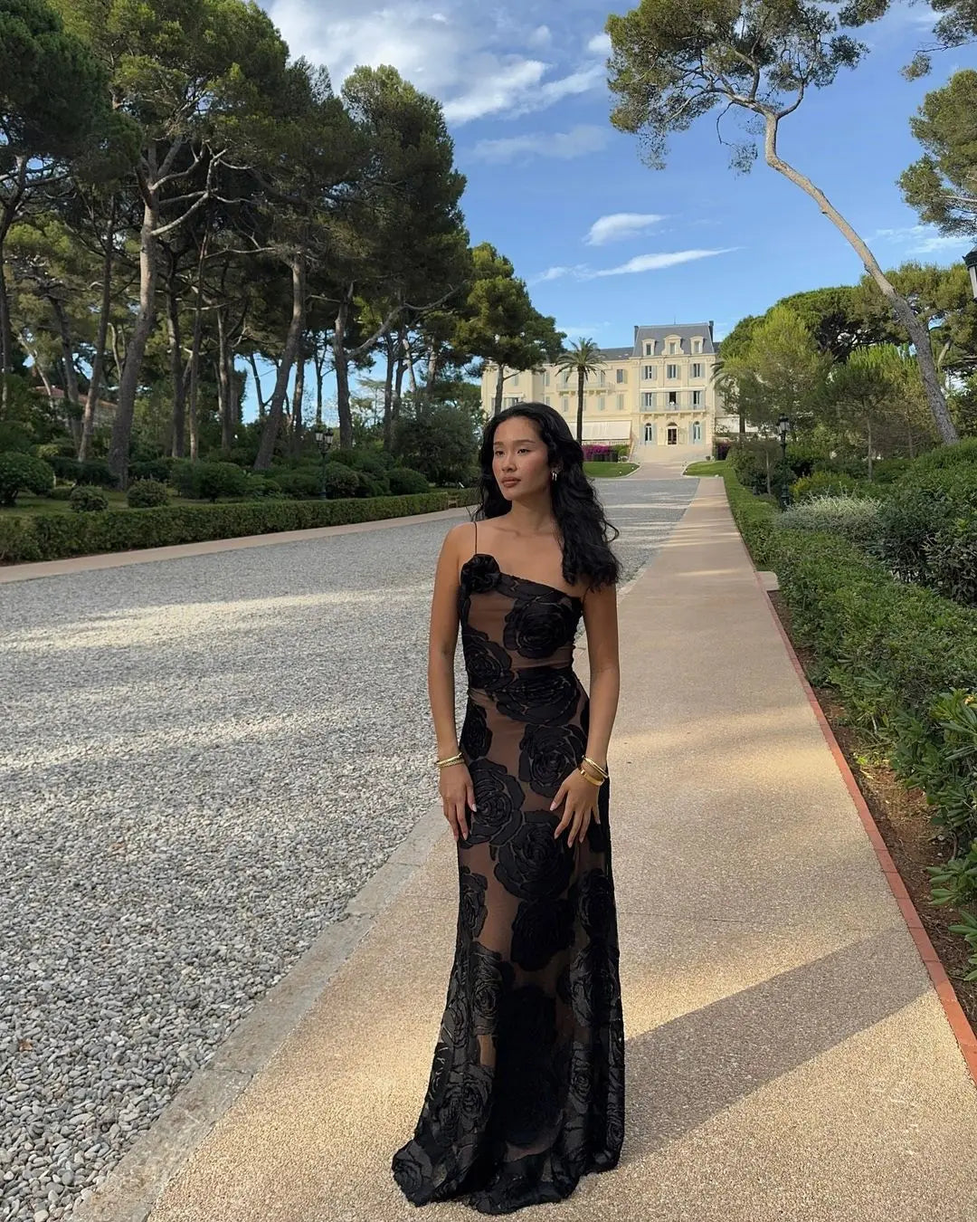 Mingmingxi Black Mesh Birthday Dress for Women 2024 One Shoulder Sexy Long Dress Slim Elegant Flower Wedding Guest Party Dresses