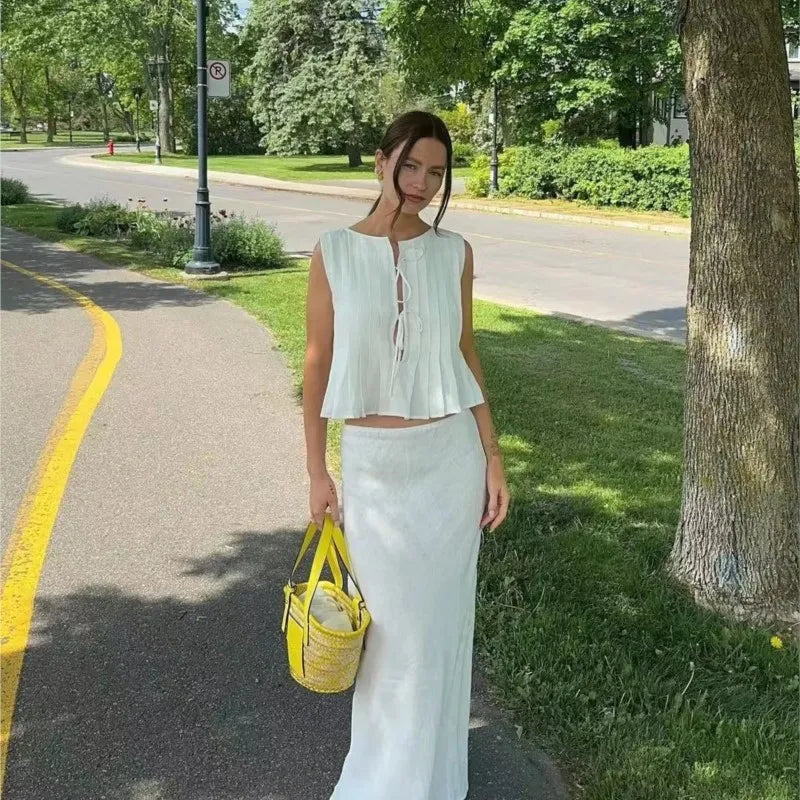 Women's Ruffled Lace Up Suit Blouse Long Skirt High Street Suit Solid Color Skirt 2 Piece High Street Suit 2024 New Suit