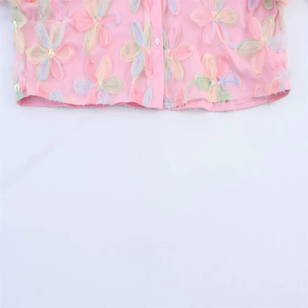 PB&ZA 2025 Women's Pink Short - length Blouse with Colorful Floral Embroidery Puff Sleeves and Collar for a Sweet Look