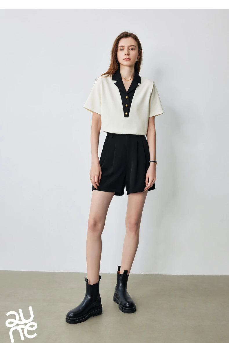 TOYOUTH Women Contrasting Colors POLO Collar T-shirt 2025 Summer New Short Sleeved Top