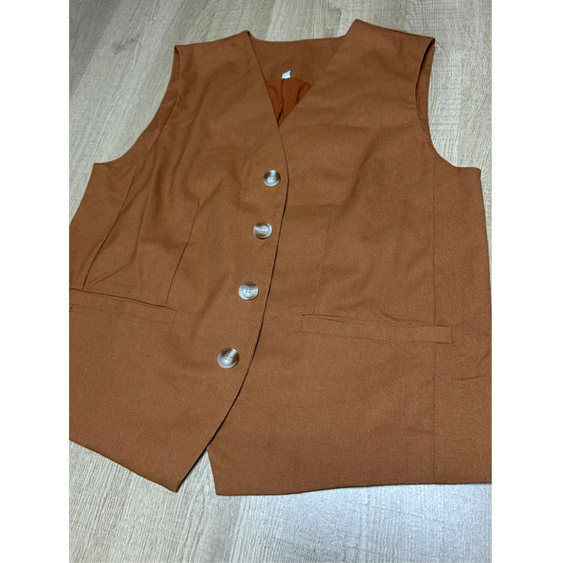 Cotton Linen Blend Vest Wide Leg Pants Suit Spring and Summer Women's Casual Fashion Sleeveless Vest Pleated Low Waist Pants Set