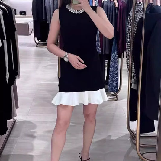 Black Knited Mini Dress Women 2025 Spring Neckline Pearls Elegant Sleeveless Female Dresses 5240364
