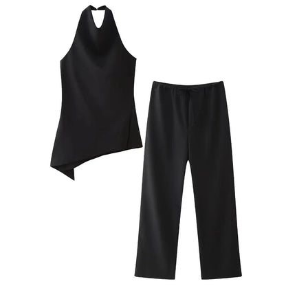 TRAFZA Women Vintage Solid Pant Sets Sexy Backless Halter Camis Top Asymmetric Tank Top + Drawstring Trousers Fashion Streetwear