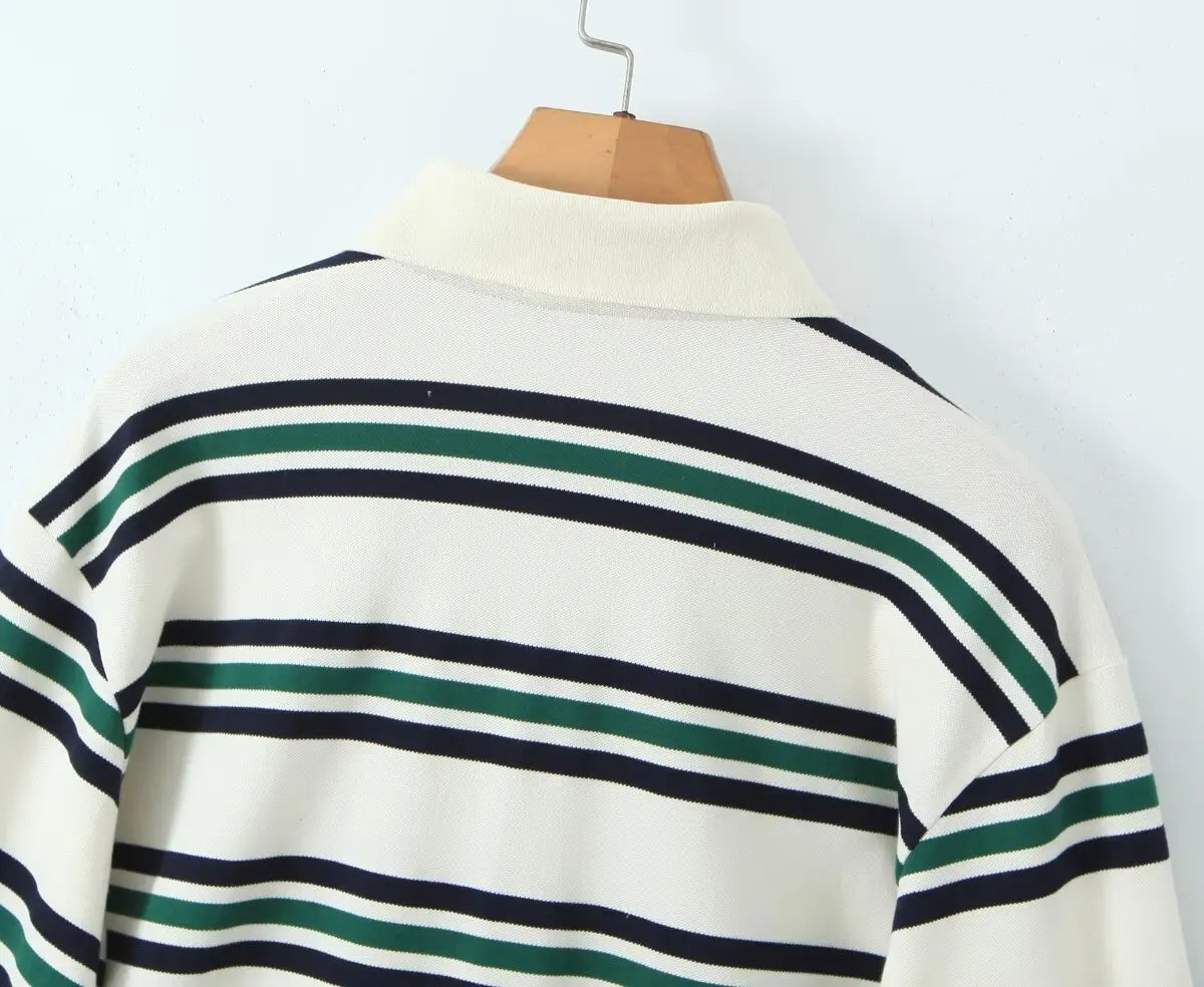 Summer 2025 Polo Shirts Woman Long Sleeve Tops Women Striped Vintage Clothes Polo Shirts Mujer Streetwear Casual Tops Brown