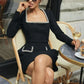 Talenza Long Sleeve Tweed Dress Women's Elegant Square Neck Luxury Party Evening Gown Retro Slim Patchwork Short Dress Vestido
