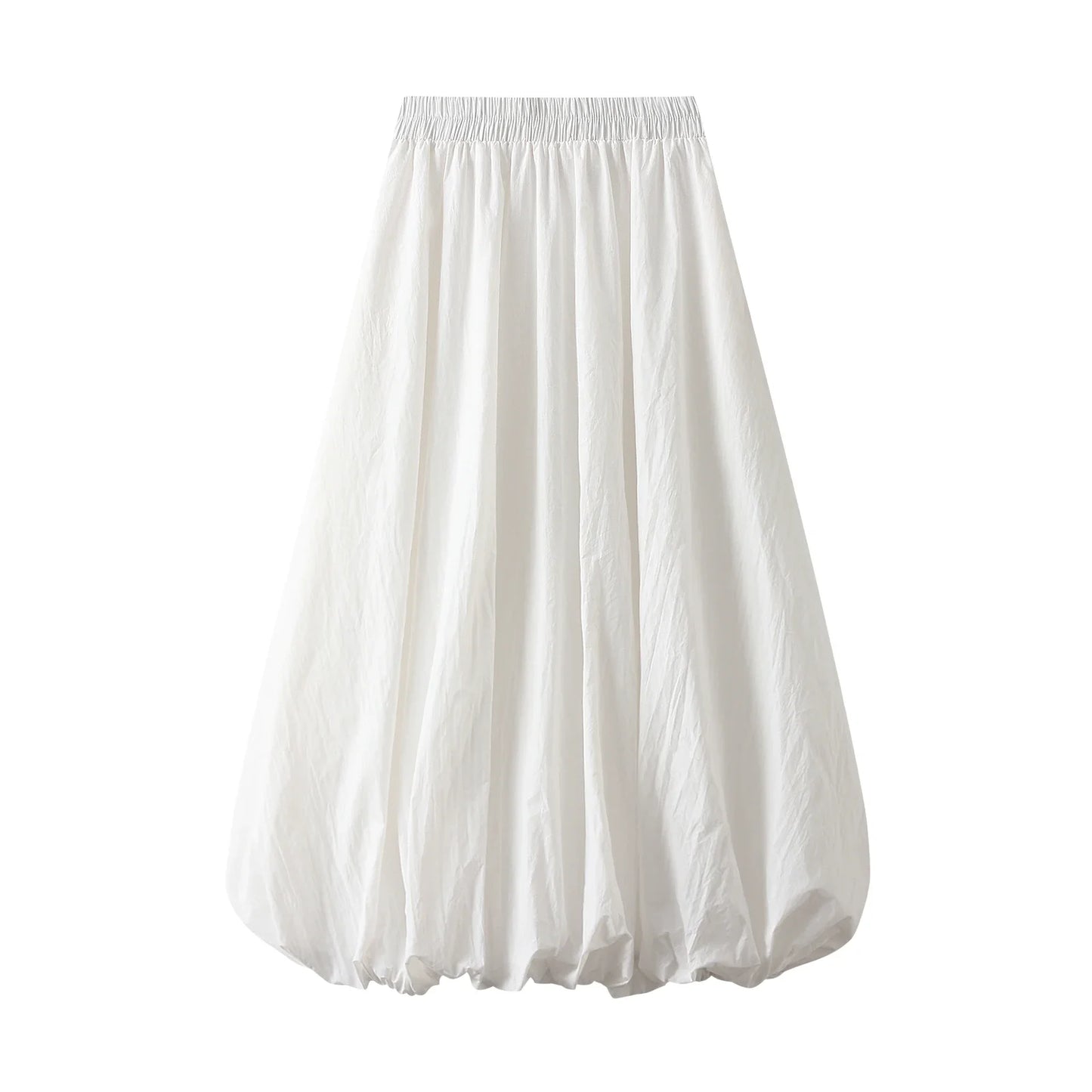 Combhasaki Women's Elegant Elastic High Waist Solid Color A-Line Pleated Puffball Hem Casual Flowy Balloon Bud Midi Skirts