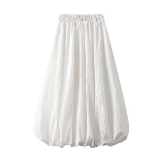Combhasaki Women's Elegant Elastic High Waist Solid Color A-Line Pleated Puffball Hem Casual Flowy Balloon Bud Midi Skirts