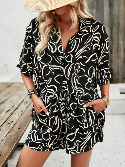 FTLZZ Summer Women Casual Floral Print Suit Single Breasted Shirt and Drawstring Wide Leg Shorts Lady Two Piece Sets