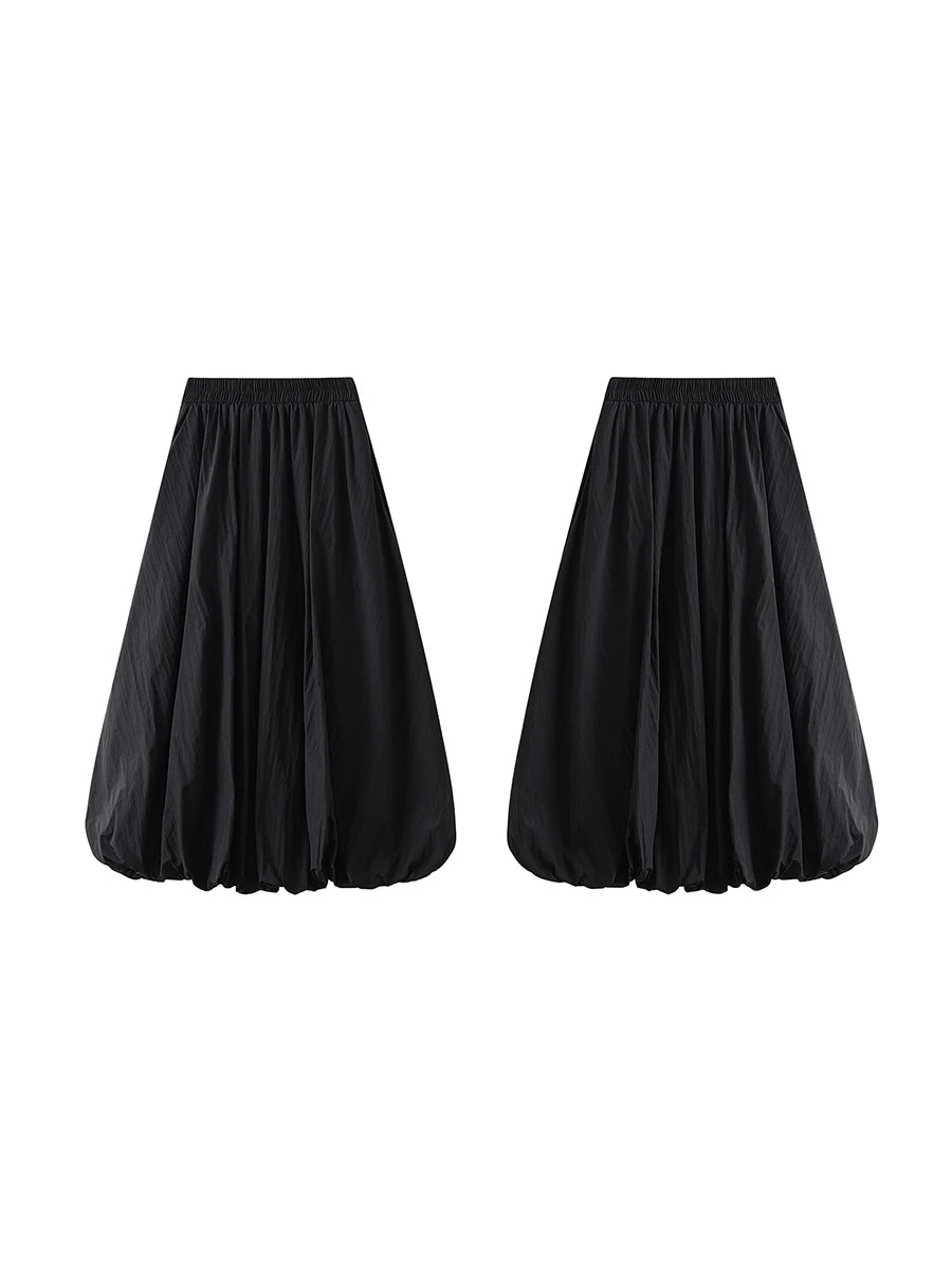Combhasaki Women's Elegant Elastic High Waist Solid Color A-Line Pleated Puffball Hem Casual Flowy Balloon Bud Midi Skirts