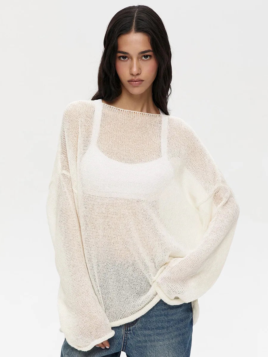 Original Fashion Hollow Out Knit Shirt Spring And Summer Women's Perspective Thin O-Neck Loose Elastic Long Sleeve Knit T-shirt