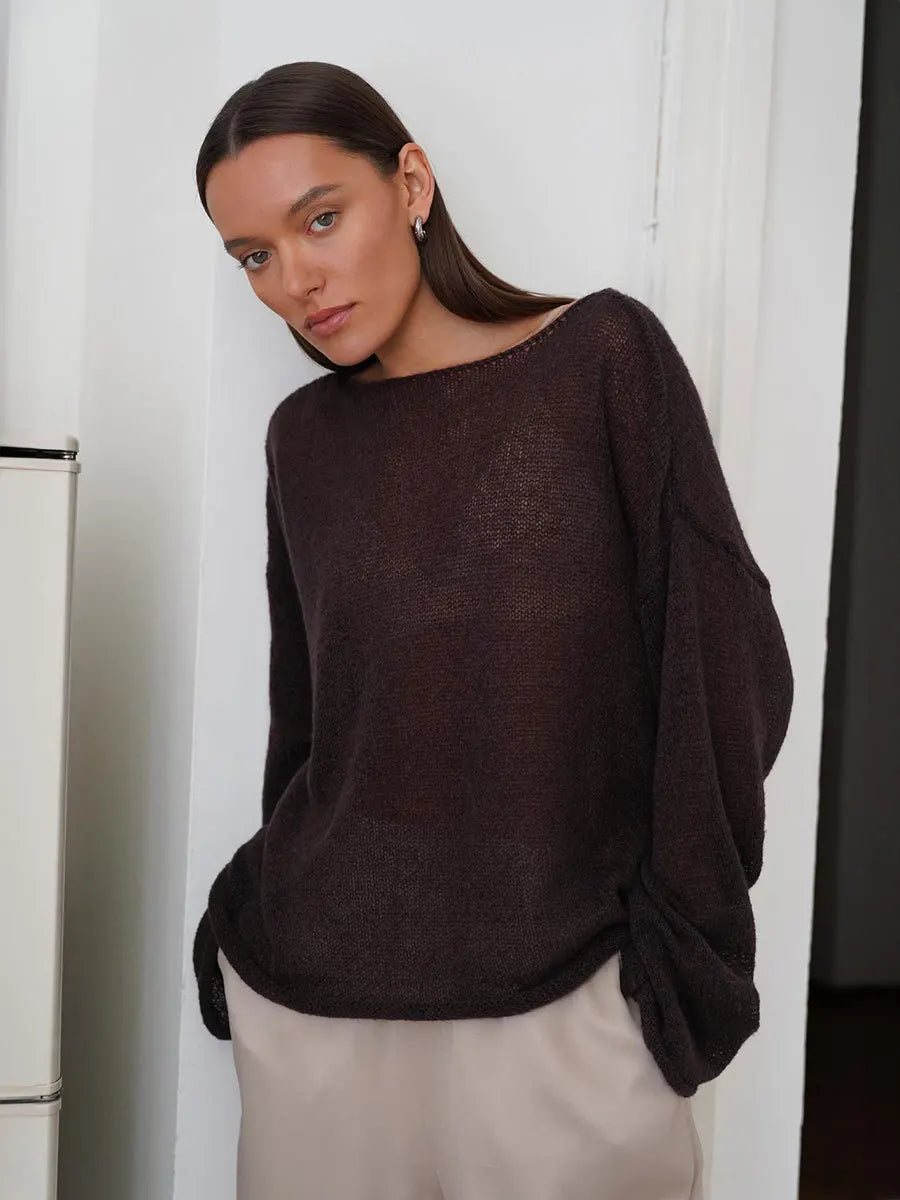Original Fashion Hollow Out Knit Shirt Spring And Summer Women's Perspective Thin O-Neck Loose Elastic Long Sleeve Knit T-shirt