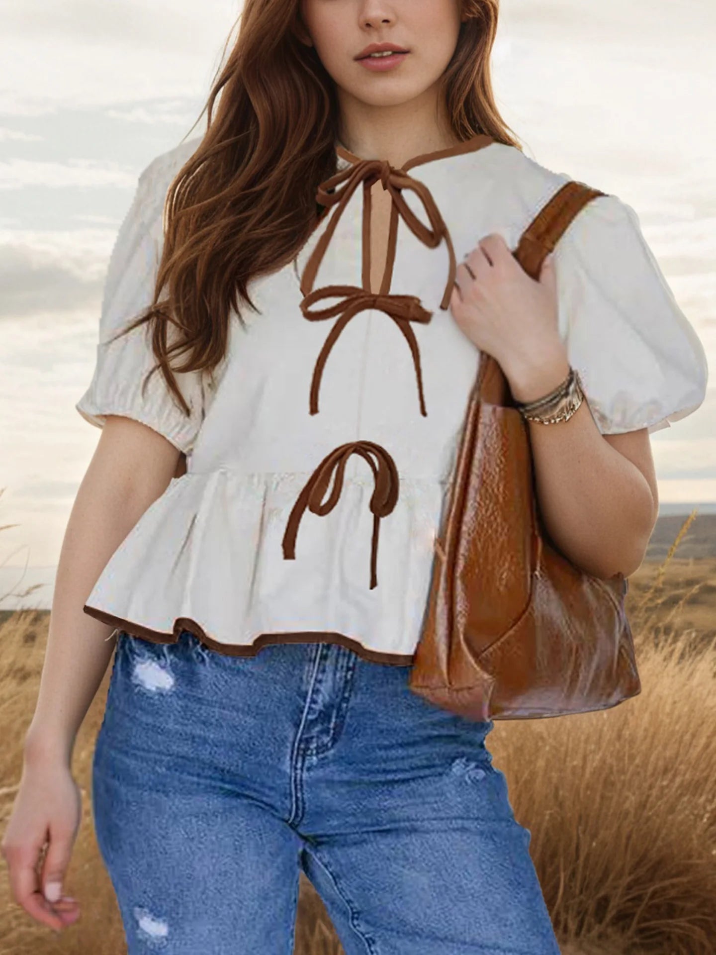 European and american foreign trade women's clothing2025New Women's Retro Bow Design Loose Puff Sleeves Shirt Short Sleeve