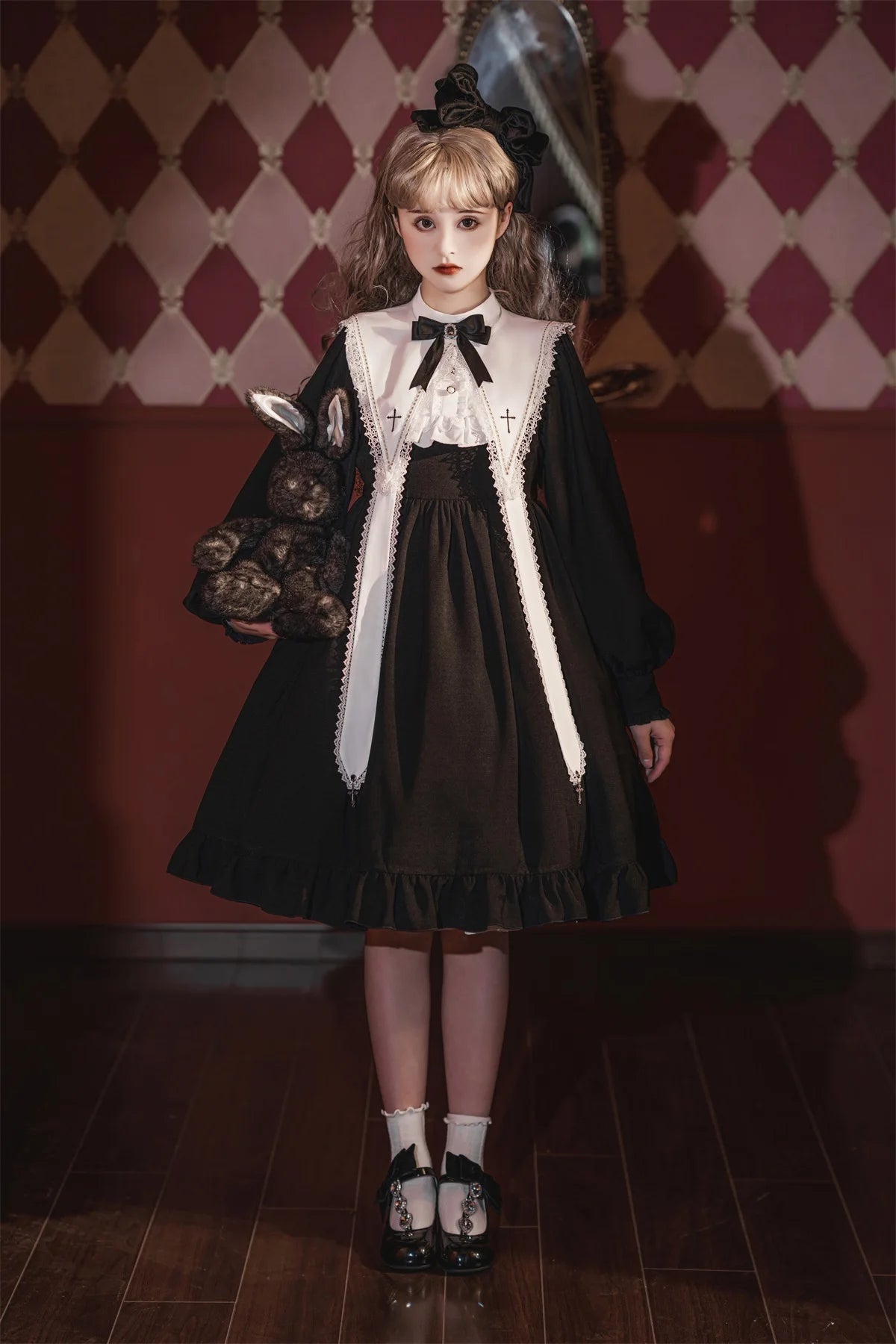 Contract Color Lolita Dress for Women Gothic Style Dark Girl Japanese Retro Op Dress Autumn and Winter Long Sleeve Black Dress