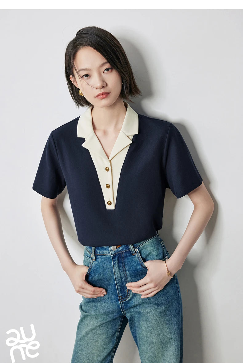 TOYOUTH Women Contrasting Colors POLO Collar T-shirt 2025 Summer New Short Sleeved Top