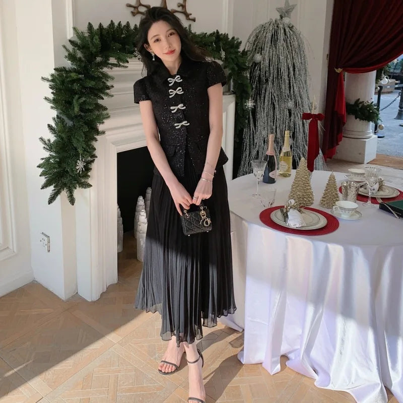 Luxury Tweed Dresses Women 2025 Summer Holiday Big Bow Crystal Fake 2 Piece Sets Sequins Chiffon Long Dress Party Vestidos Prom