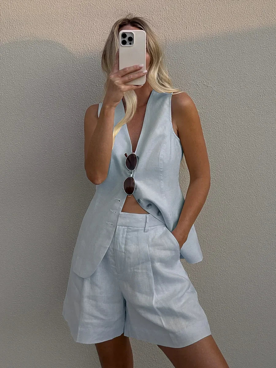 Wolfeel Cotton linen Chic Casual Vest Shorts Set Women's Fashion Commuter Sleeveless Tank Top Loose Shorts Suits Summer New