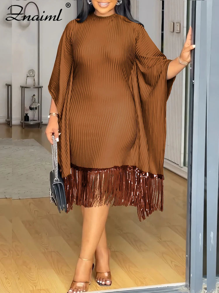 Znaiml Elegant Batwing Sleeve Tassel Slim Birthday Party Black Midi Dresses Women Sexy Evening Prom Bodycon African Vestidos New