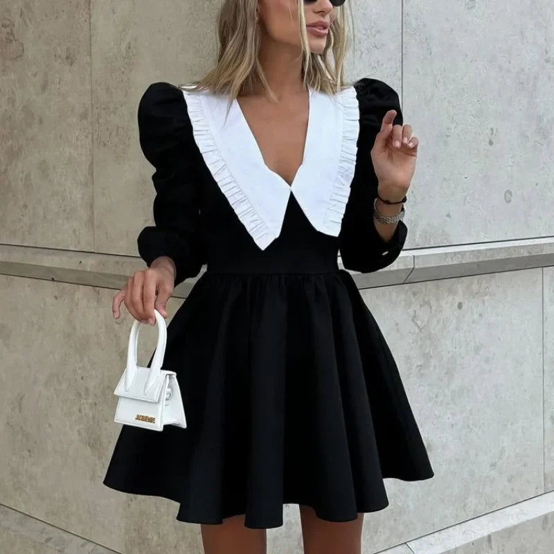 Tuularose Black Patchwork Dress Women's New Elegant Pleated A-Line Short Dress High Waist Office Lady Retro Party Dress Vestidos