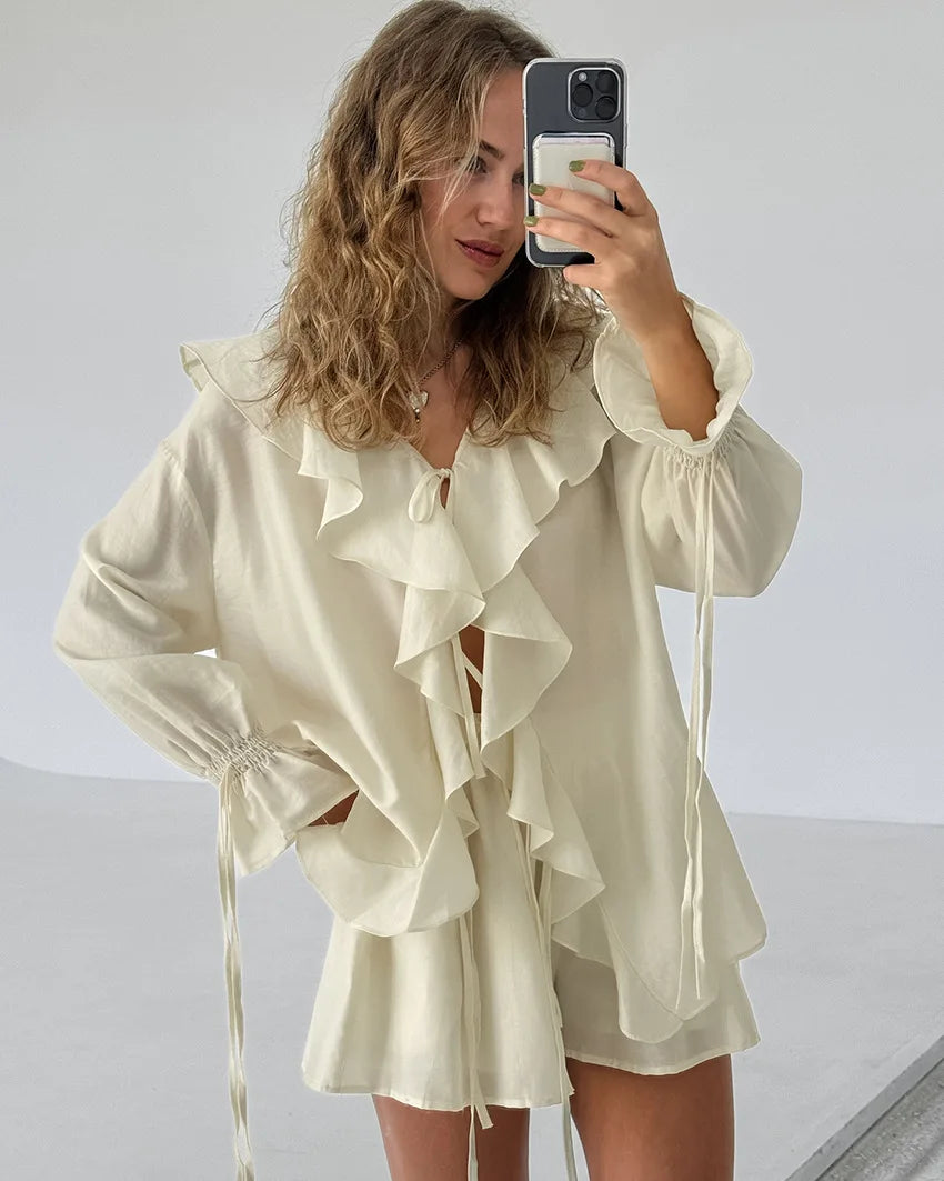 Tuularose New Casual Shorts Two-piece Set Women's Ruffled Loose Tie Top Simple Shorts Set Office Lady Summer Female Shorts Set