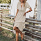 Women's Causal Striped Tassel Medium Long Dress V Neck Button Short Sleeve Spring Summer Dress