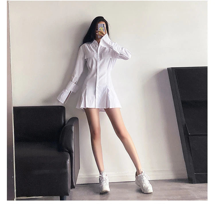 HOUZHOU Black Shirt Dress Women Elegant Vintage Long Sleeve Dresses Sexy Gothic Pleated Streetwear Turn-down Collar Casual Robe