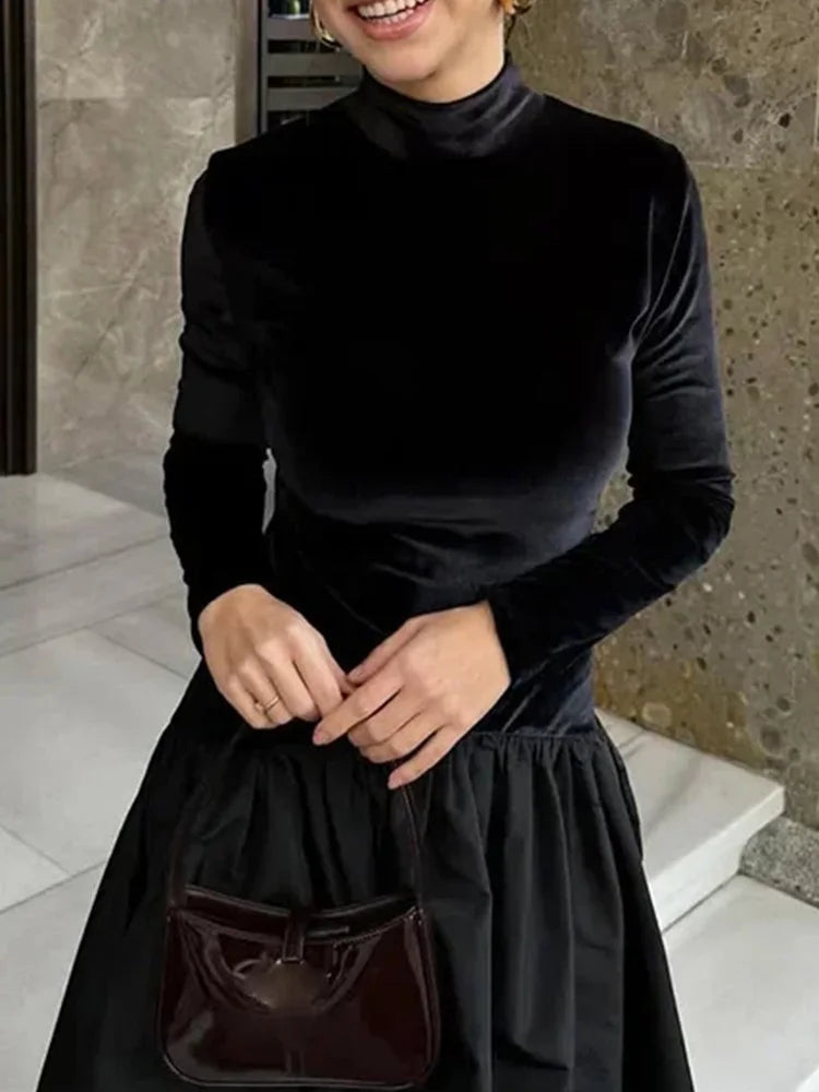 2025 New Lady Chic Party Gowns Elegant Women Velvet Long Sleeve Pleated Hem Robes Fashion Half High Collar Slim Fit Maxi Dress