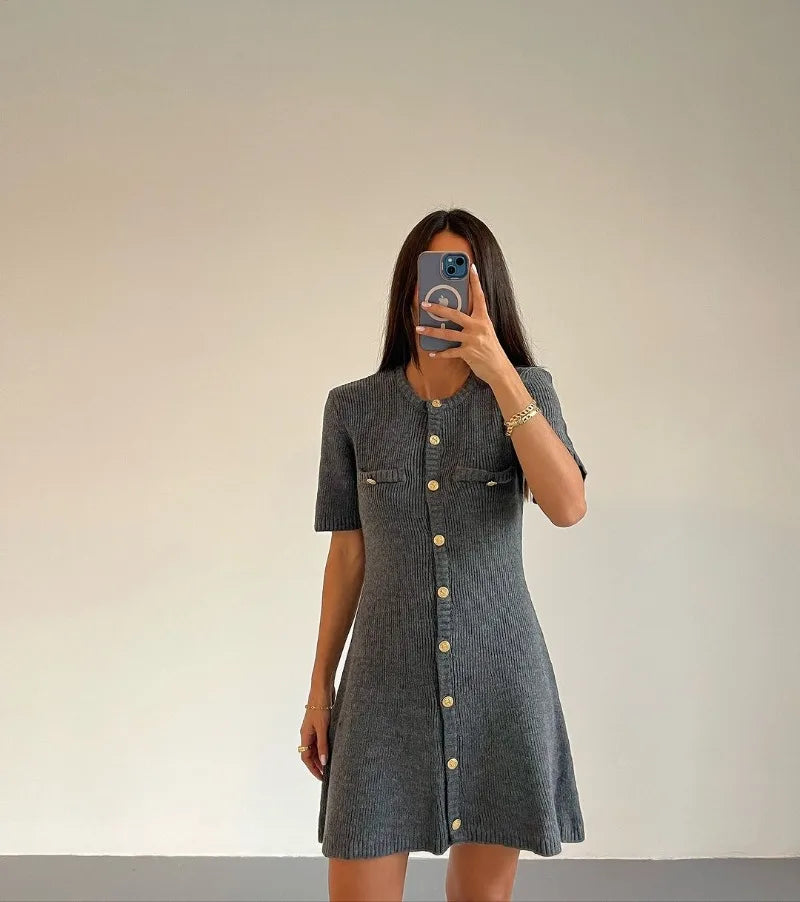Trendix Elegant Knit Mini Dress Women Street Slim High Waist Short Sleeve Rib Sweater Dresses Vacation Bodycon Knitwear Dress