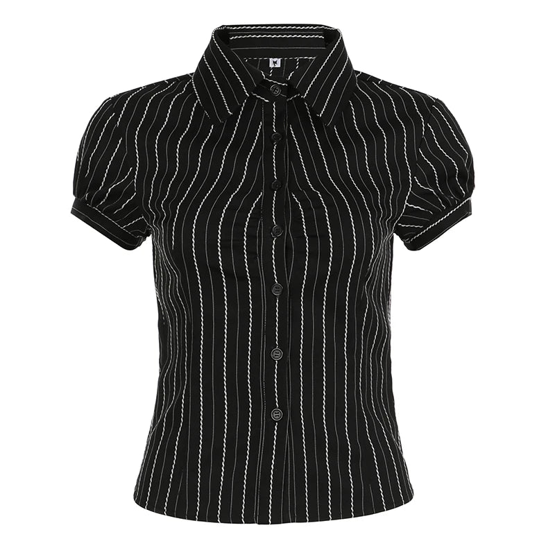 CIBBAR Black Striped Print Blouse Vintage 2000s Button Up Puff Short Sleeve Crop Top Women Korean Fashion T Shirt Streetwear y2k