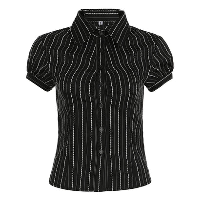 CIBBAR Black Striped Print Blouse Vintage 2000s Button Up Puff Short Sleeve Crop Top Women Korean Fashion T Shirt Streetwear y2k