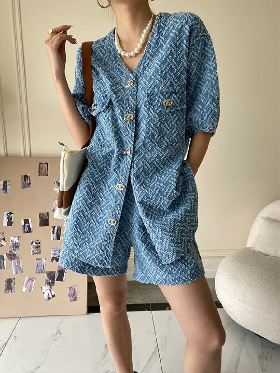 Women's Denim Short Sleeve Top and Shorts Two Piece Suit French Fashion Spring Summer Cowgirl Top Streetwear Korean Leisure New