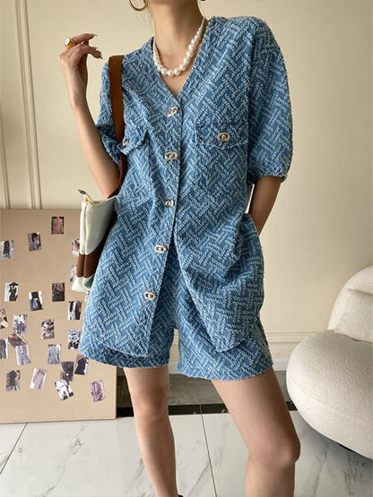 Women's Denim Short Sleeve Top and Shorts Two Piece Suit French Fashion Spring Summer Cowgirl Top Streetwear Korean Leisure New