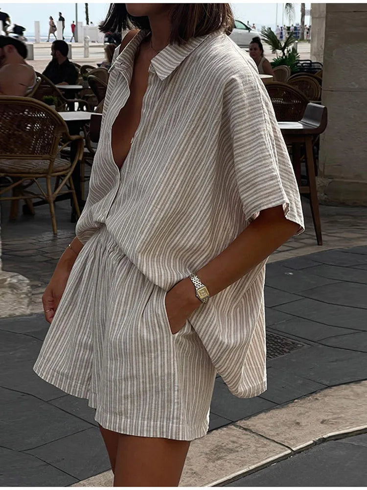 Women Casual Striped Cotton Linen Loose Shirt Shorts Suits Fashion Lapel Half Sleeves Elastic Waisted Shorts Summer Lady Outfits