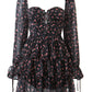 2022 Women Sexy Cross Bandage Black Flower Print Puff Long Sleeve Dress 3 layer Wood Ears Ruffles Hem Cake Mini Holiday Robe