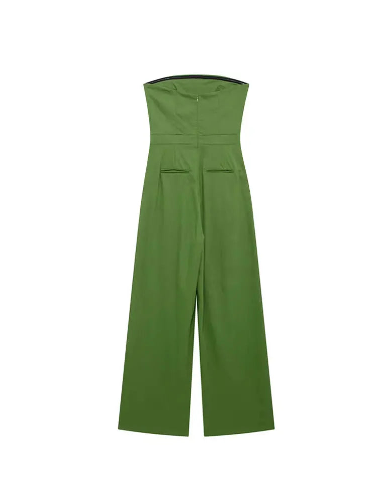 TRZA-Strapless Linen Jumpsuits for Women, Straight Neck, Back Zipper, Female Playsuits, Chic Fashion