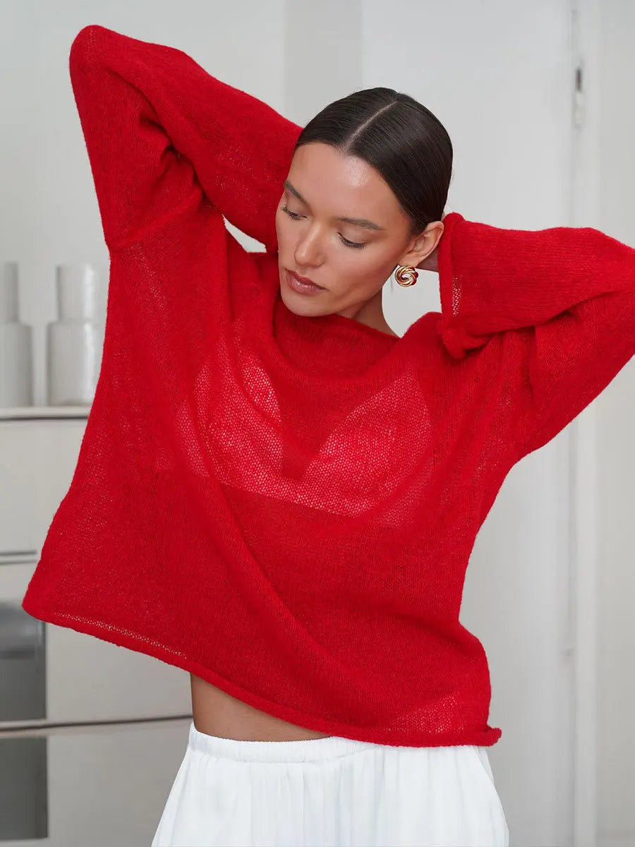Original Fashion Hollow Out Knit Shirt Spring And Summer Women's Perspective Thin O-Neck Loose Elastic Long Sleeve Knit T-shirt