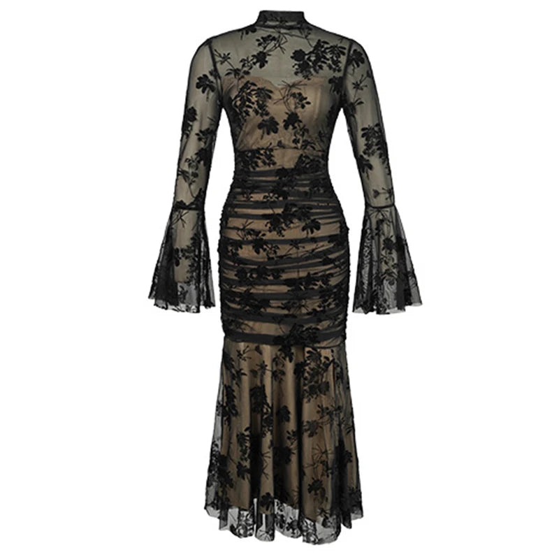 French Elegant Prom Dresses Woman Retro Black Perspective Elastic Mesh Folds Wrap Hip Slit Fishtail Robe Female Party Vestidos