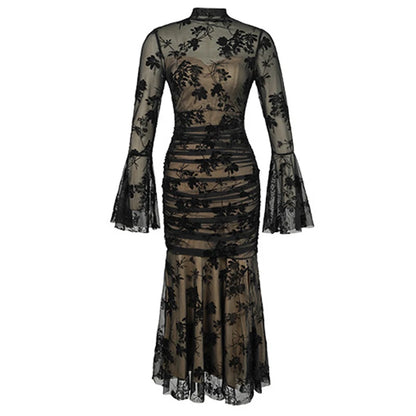French Elegant Prom Dresses Woman Retro Black Perspective Elastic Mesh Folds Wrap Hip Slit Fishtail Robe Female Party Vestidos