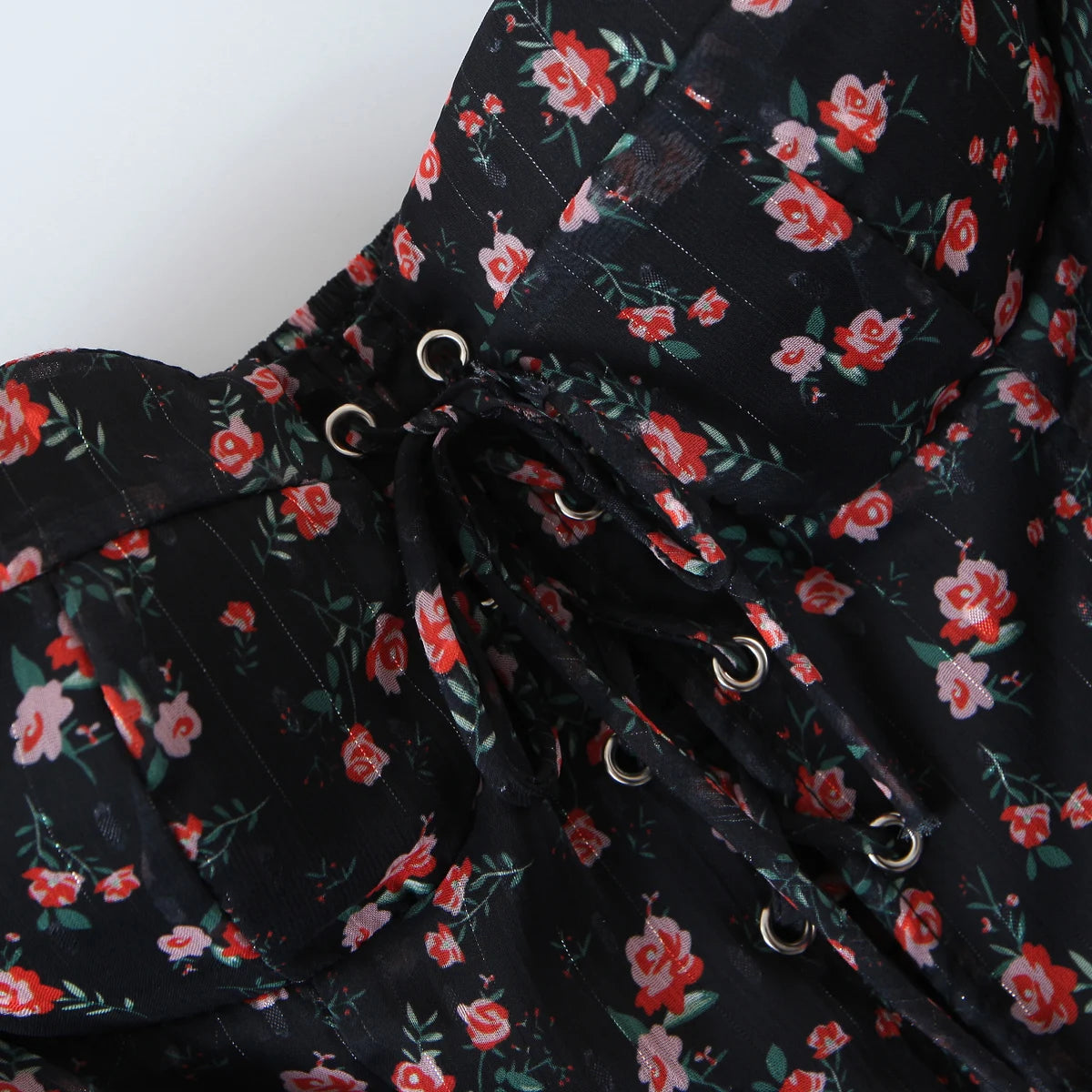 2022 Women Sexy Cross Bandage Black Flower Print Puff Long Sleeve Dress 3 layer Wood Ears Ruffles Hem Cake Mini Holiday Robe